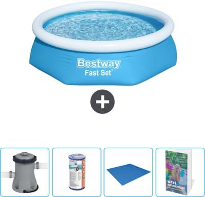 Bestway Rond Opblaasbaar Fast Set Zwembad - 244 x 61 cm - Blauw - Inclusief Pomp Filter - Grondzeil - Zwembadgids