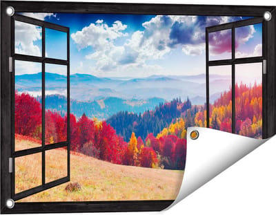 Gards Tuinposter Doorkijk Kleurrijke Herfstbos met Heuvellandschap - 60x40 cm - Tuindoek - Tuindecoratie - Wanddecoratie buiten - Tuinschilderij