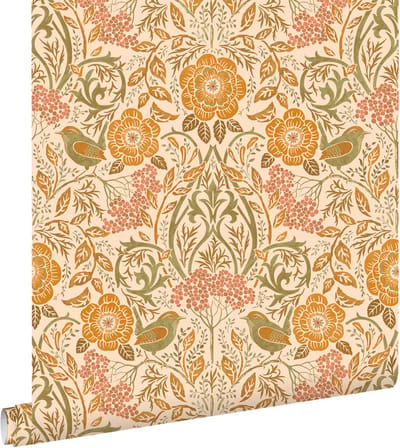 ESTAhome behang bloemen en vogels in art nouveau stijl oranje en groen - 50 x 900 cm - 131696