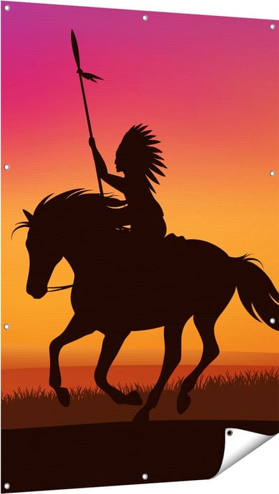 Gards Tuinposter Silhouet van een Indiaan op een Paard - 100x150 cm - Tuindoek - Tuindecoratie - Wanddecoratie buiten - Tuinschilderij
