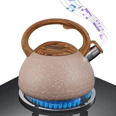 Waterkoker met fluit - Theepot roestvrij staal - Water koken - Hittebestendig houten handvat - 3 liter inhoud - Lichtbruin