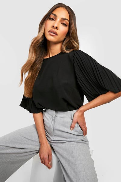 boohoo Dames Pleat Sleeve Woven Blouse | Zwart | Maat: 44