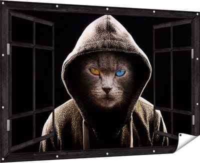 Gards Tuinposter Doorkijk Boze Kat Draagt een Hoodie - 180x120 cm - Tuindoek - Tuindecoratie - Wanddecoratie buiten - Tuinschilderij