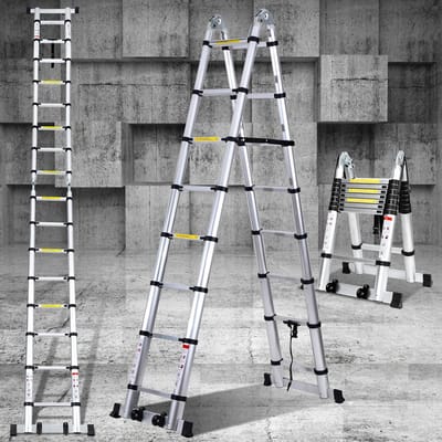 Telescoopladder Aluminium - Klapladder Vouwladder - Huishoudelijk Onderhoud - Veilig Vingerbescherming - 5 Meter Hoog - Zilver