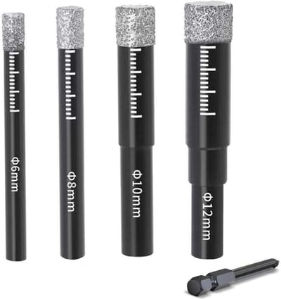 Een set van vier diamantegelboren, 6/8/10/12 mm groot - wolfraamcarbide boren, geschikt voor materialen zoals keramiek, graniet, glas, porselein, keramische tegels, harde keramische tegels, steengoed en marmer, geschikt voor zeskantige handgrepen.