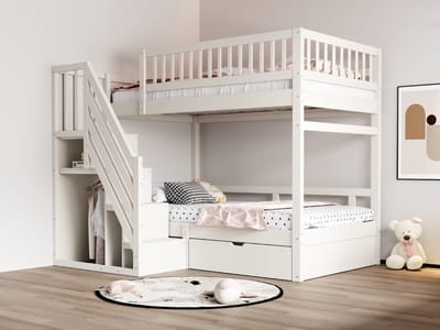 Stapelbed - 90x200 cm - Wit - met lattenbodem & veiligheidsranden & opbergladder - Massief houten hoogslaper
