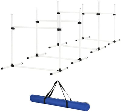 Huisdier Agility Trainingshindernis Set 4 Hindernisframes Verstelbare Hoogte Geschikt voor Honden Training 99x65x94 cm Wit Kunststof