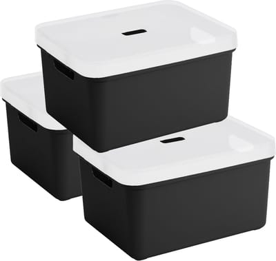 Sunware opbergbox - 3x stuks - 32 liter - zwart - kunststof - transparante deksel - 45x35x24 cm - Sigma serie