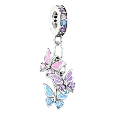 Fler® | Bedel | Past op populaire bedelarmbanden (standaard - 3mm) | Vlinder Bedel | Hangbedel Charm | 925 sterling zilver | Roze, Paarse & Blauwe zirkonia | Roze, Paarse & Blauwe emaille | Valentijnsdag Cadeau | Sinterklaas kado | Kerstcadeau
