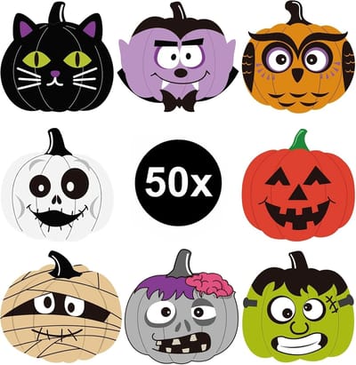 50x Sticker Halloween - Crazy Pompoen - Pumpkin - Mix - Sluitsticker - Sluitzegel - Feeststicker Presentje - Enveloppe - Cadeau - Gift - Cadeauzakje - Traktatie - Leuk inpakken - Sticker - 38mm - 50 Stuks
