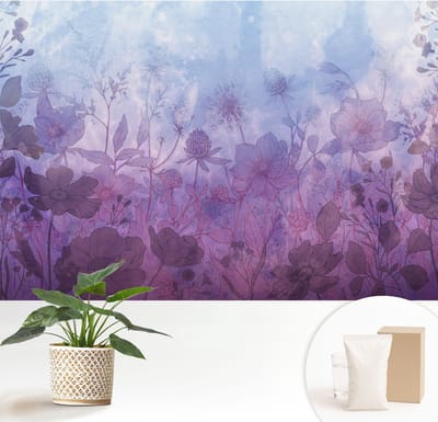 Wallfluent Behang - Pastelkleurige bloemen Vliesbehang - 152x104 cm - Blauw Behang - Voor liefhebbers van kunst en natuur - Behang Voor de woonkamer, slaapkamer en kantoor - Behangrol Bloemen en planten