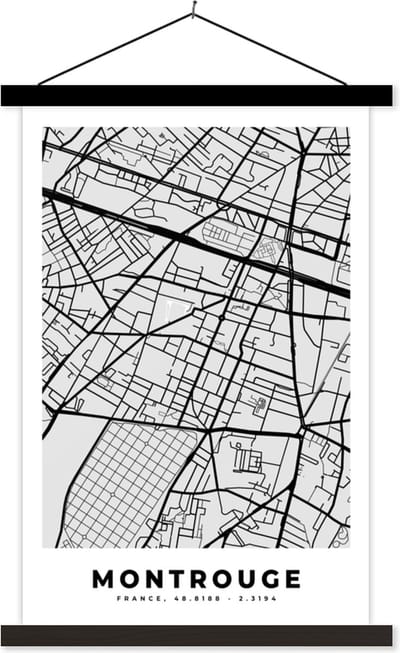 Posterhanger incl. Poster 40x60 cm - Schoolplaat - Frankrijk – Montrouge – Stadskaart – Plattegrond – Kaart - Textielposter - Zwarte latten - Stadskaart
