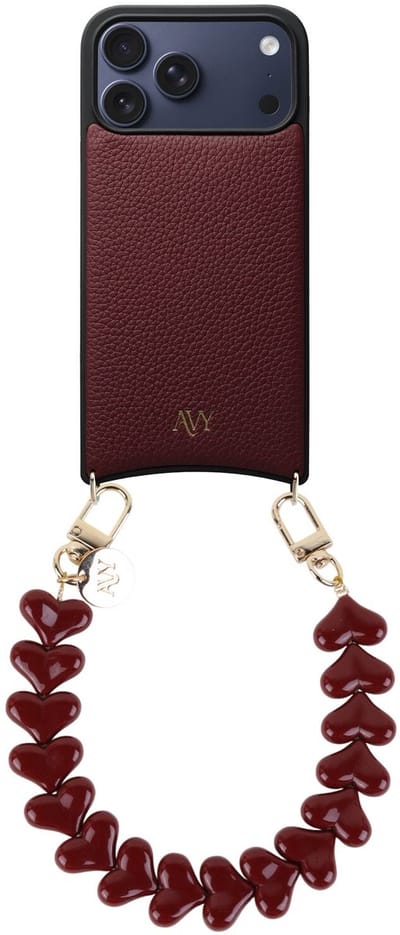 AVY Leren Hoesje Geschikt voor Apple iPhone 17 Pro Max | Compatibel met MagSafe | Leather Case met Telefoonkoord | Polsband | Burgundy | Cupid Burgundy