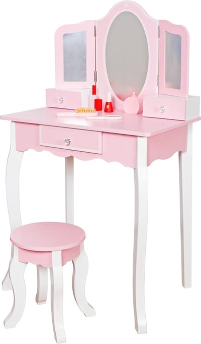 Rijoka Houten Kaptafel Met Krukje – 3x Spiegel – Make-up Dresser – 60x39x106cm – Wit en Roze