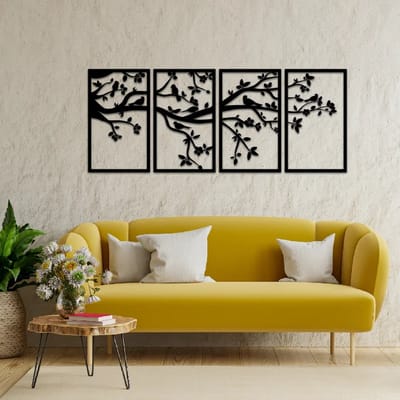 Metalen Wanddecoratie Levensboom Panelen – 3D Wandkunst – Zilver – 70 x 175 cm – Set van 4
