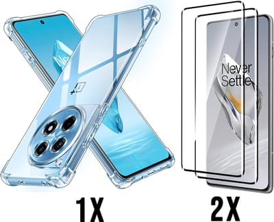 Casemania Hoesje Geschikt voor OnePlus 12 - Transparant - Anti Shock Back Cover & 2X Glazen Screenprotector