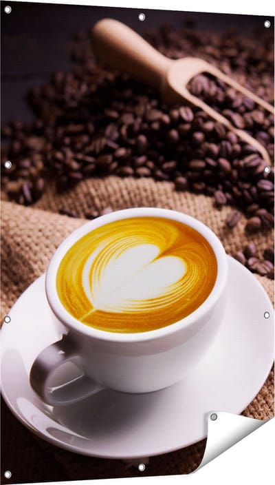 Gards Tuinposter Kopje Koffie in een Hartje met Koffiebonen - 80x120 cm - Tuindoek - Tuindecoratie - Wanddecoratie buiten - Tuinschilderij