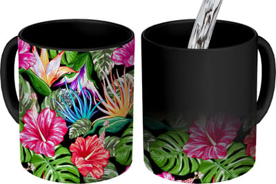 Magische Mok - Foto op Warmte Mokken - Koffiemok - Tropisch - Patronen - Bloemen - Monstera - Magic Mok - Beker - 350 ML - Theemok