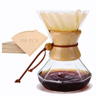 Dailygoods- Koffiezetapparaat met roestvrijstalen filter - Borosilicaatglas Koffiekaraf - Moderne Houten Kraag - 600 ml Inhoud - Pour Over Set - Koffiekaraff