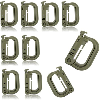 Dailygoods- Karabijnhaken D-vorm - Set van 10 stuks - Kunststof - Druktype - Legergroen - Hoog draagvermogen 10 kg - Haakjes