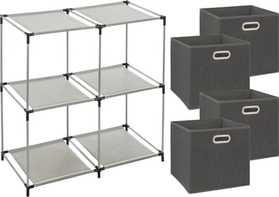 5Five Kastmandjes/opberg manden - donkergrijs - 4x stuks van 29 Liter - Metalen rekje is 67 x 68 cm