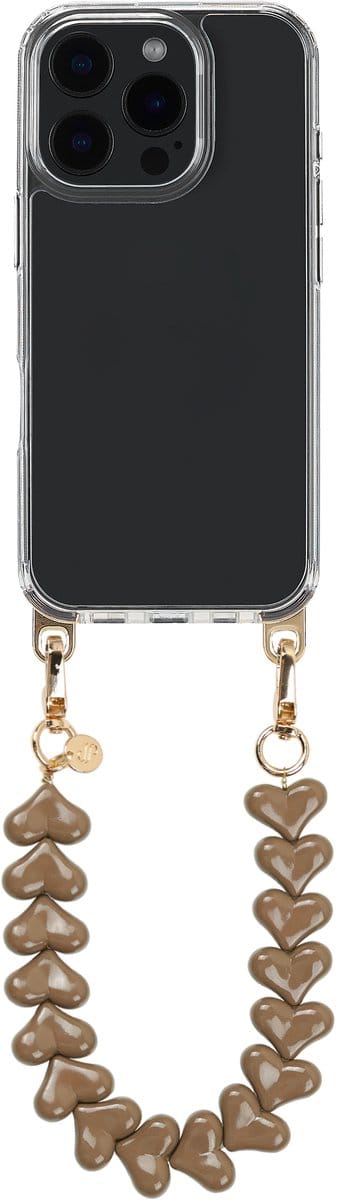 Selencia Transparant Hoesje met Haakjes inclusief Hartjes Polskoord - Geschikt voor Apple iPhone 16 Pro - Mocha Brown