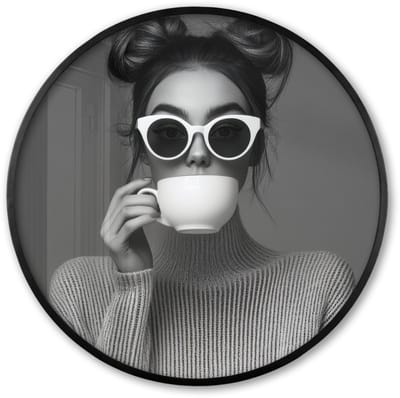 Poster in lijst Rond - Fotolijst 60x60 cm - Posters - Vrouw - Koffie - Zwart - Wit - Ronde posterlijst zwart - Decoratie - Wanddecoratie woonkamer - Muurdecoratie slaapkamer
