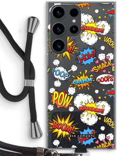 Case Company® - Hoesje met koord geschikt voor Samsung Galaxy S23 Ultra hoesje met Koord - Pow Smack - Telefoonhoesje met Zwart Koord - Bescherming aan alle Kanten en Over de Schermrand