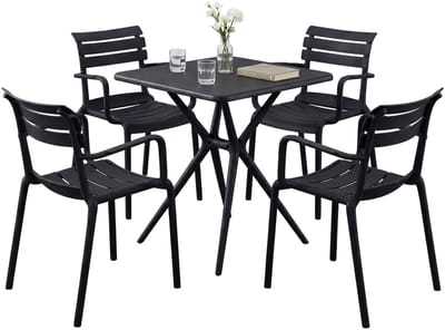 CLP Avena tuinmeubelset - 4 stapelstoelen - vierkante eettafel 72x72cm - weerbestendige balkonset - voor terras en tuin - zwart