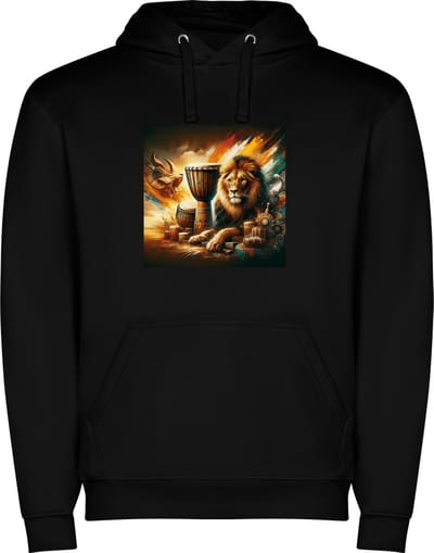 Zwarte unisex hoodie met “ Kleurrijke Bongo drums – Afrikaans – Dansen – Muziek – Leeuw “ Print Full Color Color merk Roly maat S