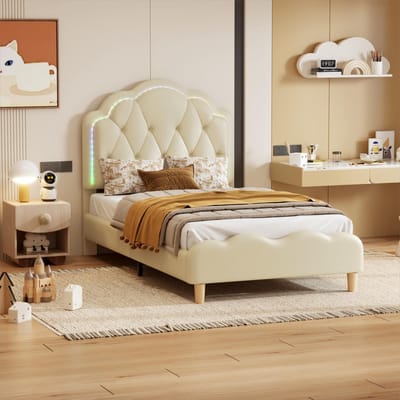 STILVORA Gestoffeerd Bed 90x200 - Kinderbed Met Wellenförmigem Hoofdbord En LED Streifen - Polsterbed Met Lattenbodem - Kunstleer - Wit