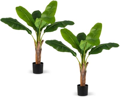 COSTWAY Set van 2 kunstplanten, tropische palm, 107 cm, kunstparadijsvogel, kamerplant met stabiele pot en bladeren, bananenboom voor tuin, kantoor, kamer, decoratie, groen