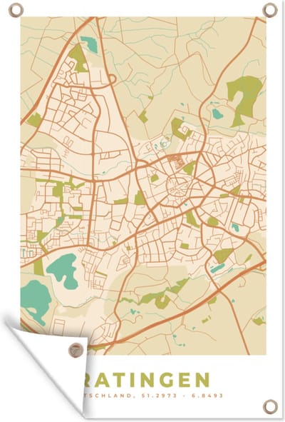 Muurdecoratie Ratingen - Plattegrond - Stadskaart - Vintage - Kaart - 120x180 cm - Tuinposter - Tuindoek
