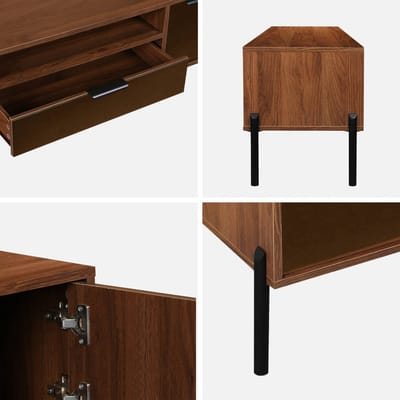 sweeek - Vintage walnoot tv-meubel met houteffect, afwerking met rookkleurig glas, metalen poten en handgrepen, l 151,5 x 38 x 44,7cm