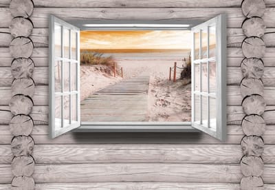Fotobehang View Cottage Beach Path Sand Sea | XL - 208cm x 146cm | 130g/m2 Vlies