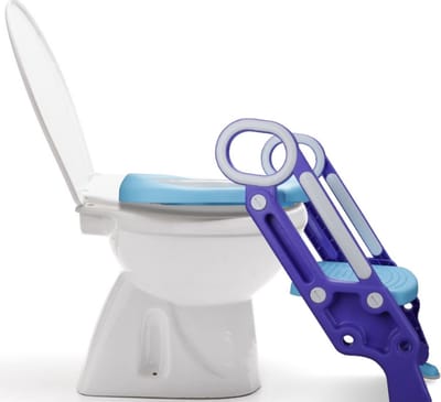 Toiletbril met Trapje voor kinderen met ladder Kindertoiletbril Toilettrainer met Trap en Handgrepen Opvouwbare potjesladder Potjestrainer Leren Potje Comfortabel Kussen en Brede Treden Toilettrappen In Hoogte Verstelbaar blauw