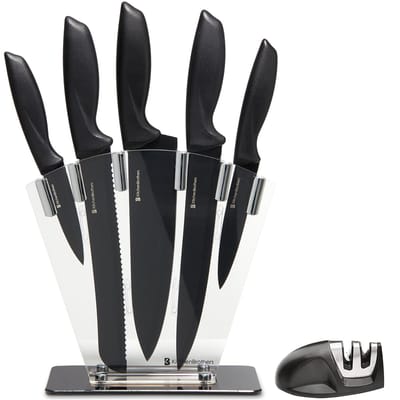 KitchenBrothers Messenset - Messenblok - 7-Delig - met Messenslijper - Zwart