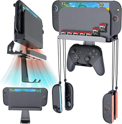 Muurbeugel voor Nintendo Switch 2, Switch en Switch OLED met 7 Gamecard Slots en Haken voor 5 Joy-Con Controllers en Accessoires - Zwart