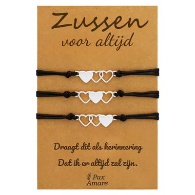 Vriendschapsarmbandjes voor 3 "Zussen voor altijd" - Hartjes - Sisters Armbandjes met Cadeau Kaartje - Zilverkleurig - Elastisch Verstelbaar - Pax Amare