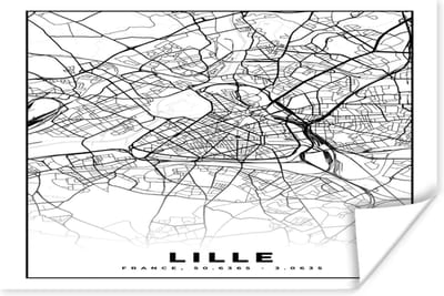 Poster Plattegrond - Lille - Kaart - Frankrijk - Stadskaart - Zwart wit - 180x120 cm XXL