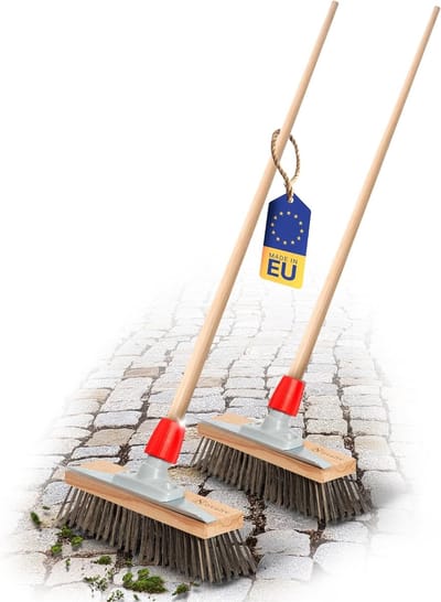 Novaliv 2X Robuuste staalborstel met steel - stalen bezem met houten steel, efficiënte mosverwijdering, straatbezem, voor bestrating & tuin, stalen bezem, moskrabber, pizzabezem, pizzasteenborstel
