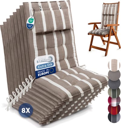 Beautissu Sun-HL – Set van 8 Premium Hoge Rugleuning Stoelkussen 120x50 cm – UV-bestendig – 8cm Dik – met Hoofdkussen & Bevestigingsbanden – Antislip – Beige Wit Gestreept