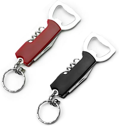 2 Stuks Sleutelhanger Flesopener - voor Bier en Wijn - Klein - Draagbaar - Zwart + Rood