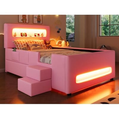 ModernLuxe Gestoffeerd eenpersoonsbed 90x200 cm - met LED-verlichting - met trap - 1 lade en opbergzak - Roze​ (matras niet inbegrepen)