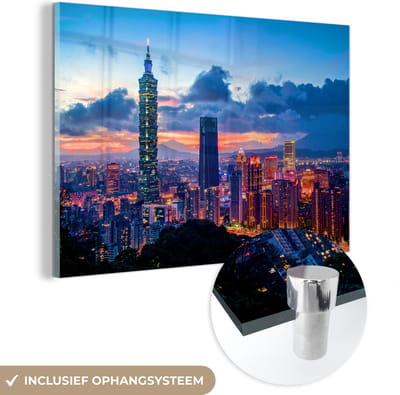 ® Glasschilderij 180x120 cm - Schilderij acrylglas - Kleurrijke zonsondergang bij de Taipei 101 in Azië - Foto op glas - Muurdecoratie woonkamer - Wanddecoratie slaapkamer - Schilderijen