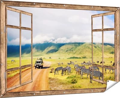 Gards Tuinposter Doorkijk Safari Auto tussen de Zebra's - 180x120 cm - Tuindoek - Tuindecoratie - Wanddecoratie buiten - Tuinschilderij