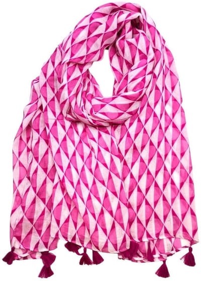 Lange dames sjaal Jitske fantasiemotief geometrische print fuchsia wit licht roze candy