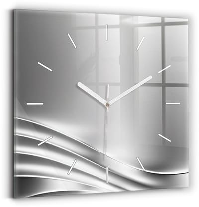 Wallfluent Wandklok - Zilveren abstractie Decoratieve Wandklok - 30 cm x 30 cm - Zilver Wandklok - Witte Handen - Wandklok Zonder Cijfers - Wandklok Glas Woonkamer - Vierkante Glazen Wandklok - Industrieel Wandklok - Stijlvolle Klok