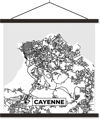 Posterhanger incl. Poster 60x60 cm - Schoolplaat - Stadskaart - Cayenne - Plattegrond - Kaart - Frankrijk - Zwart wit - Textielposter - Zwarte latten - Stadskaart