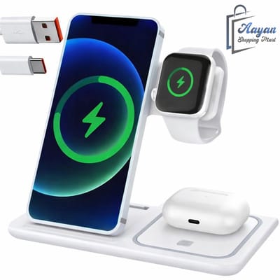3-in-1 Draadloze Oplader – Fast Wireless Charging Station 15W – LED Inductie Oplaadstation voor Telefoon, Horloge & Oordopjes– wireless charging station – oplader telefoon horloge oordopjes – inductie oplader – smartwatch oplader draadloos – 85616